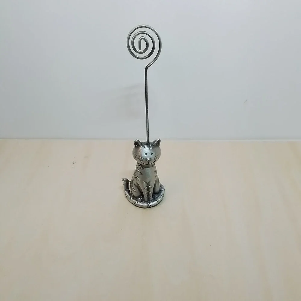 Adorable Sitting Cat Silver Metal Photo Holder Memo Clip‎ Card Stand Trinket